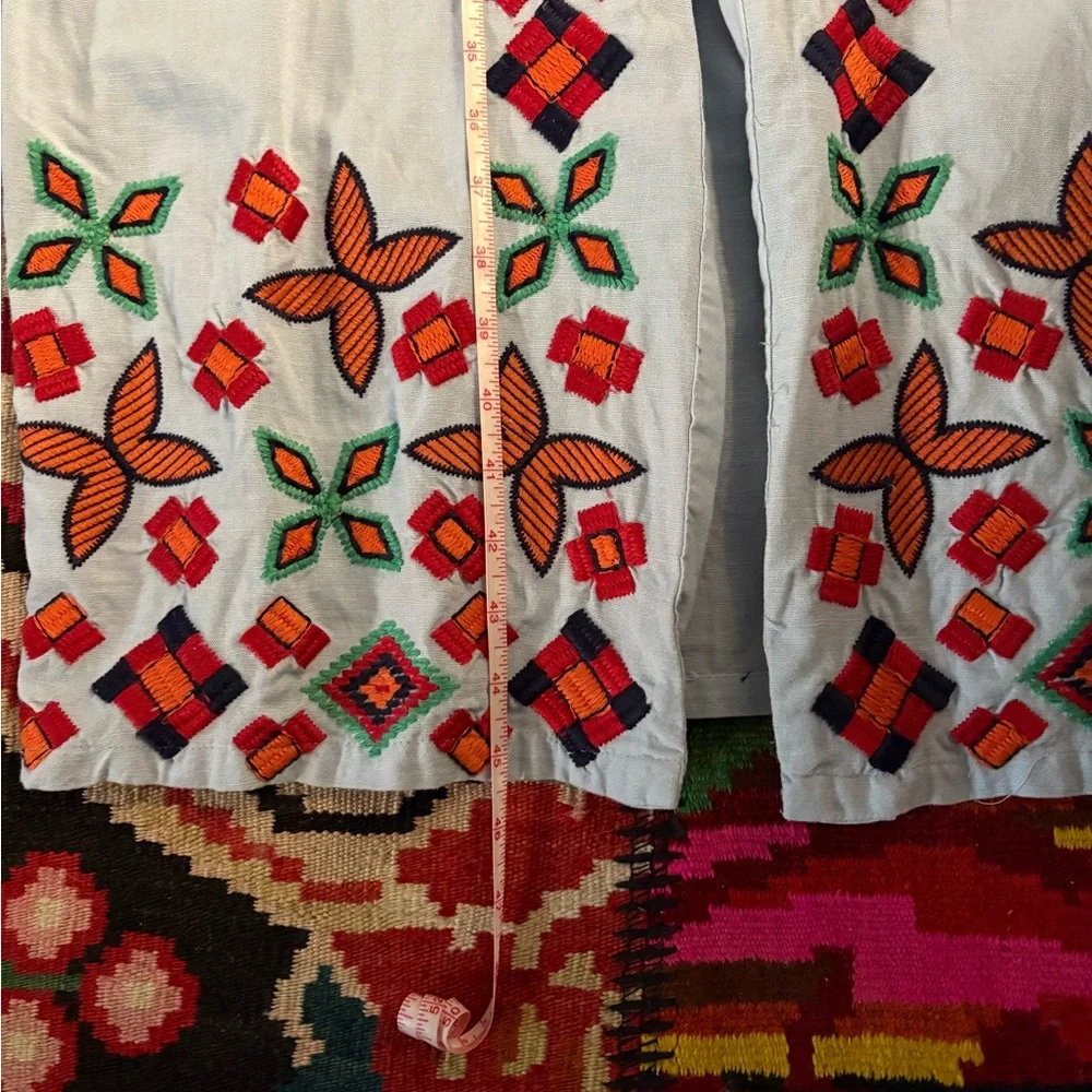 Embroidered Light Blue TRF Dress with Red and Orange Accents - Picture 7 of 9